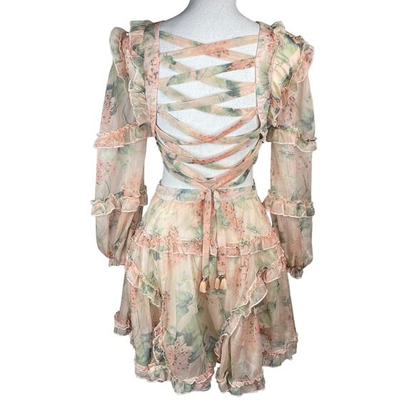 Guilty of Glam Floral Cutout Lace Up Mini Dress Blush Pink Ruffles Date Night S - Picture 9 of 12